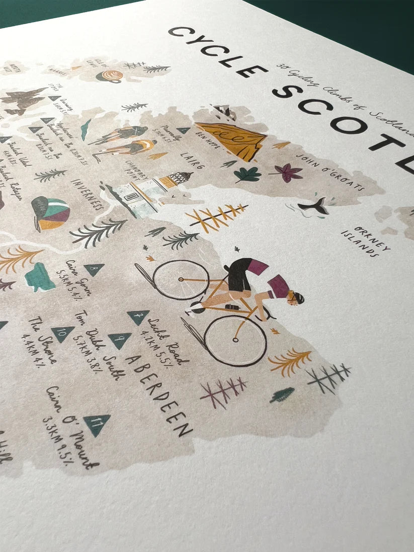 Illustrated map of Scotland's cycling climbs; cyclist on a road bike is featured prominently on a stylized map of Scotland,