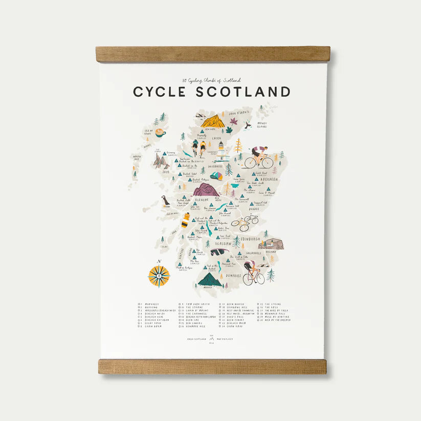 Illustrated map of Scotland highlighting 30 cycling climbs; features stylized route lines and cyclist icons.