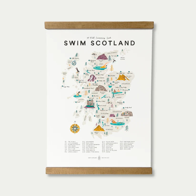 Illustrated map of Scotland highlighting 30 wild swimming spots; features hand-drawn style, key, and compass.