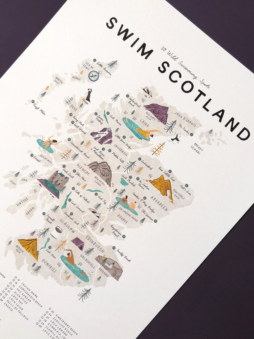 Illustrated map of Scotland highlighting 30 wild swimming spots;  features stylized coastline, location names, and swimmer