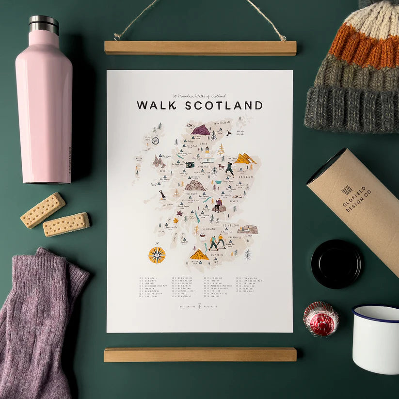 Illustrated Walk Scotland poster featuring a map of Scotland's mountain walks, with key locations and details.