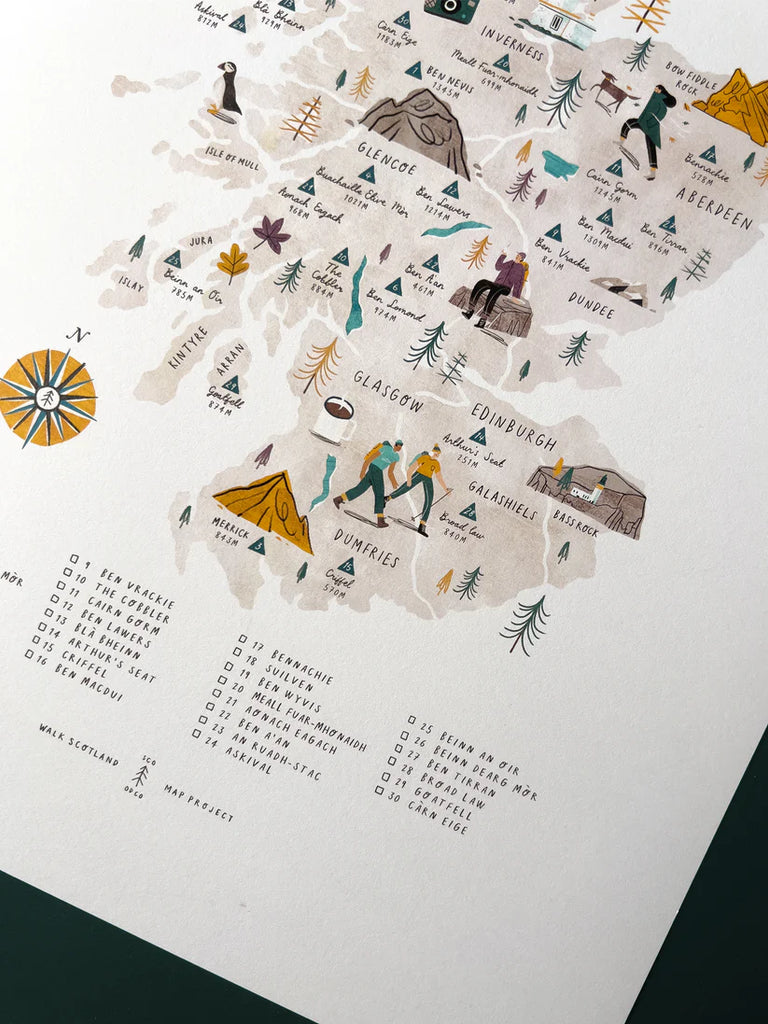 Illustrated map of Scotland's mountains, showing peak names and heights, with hikers depicted throughout.