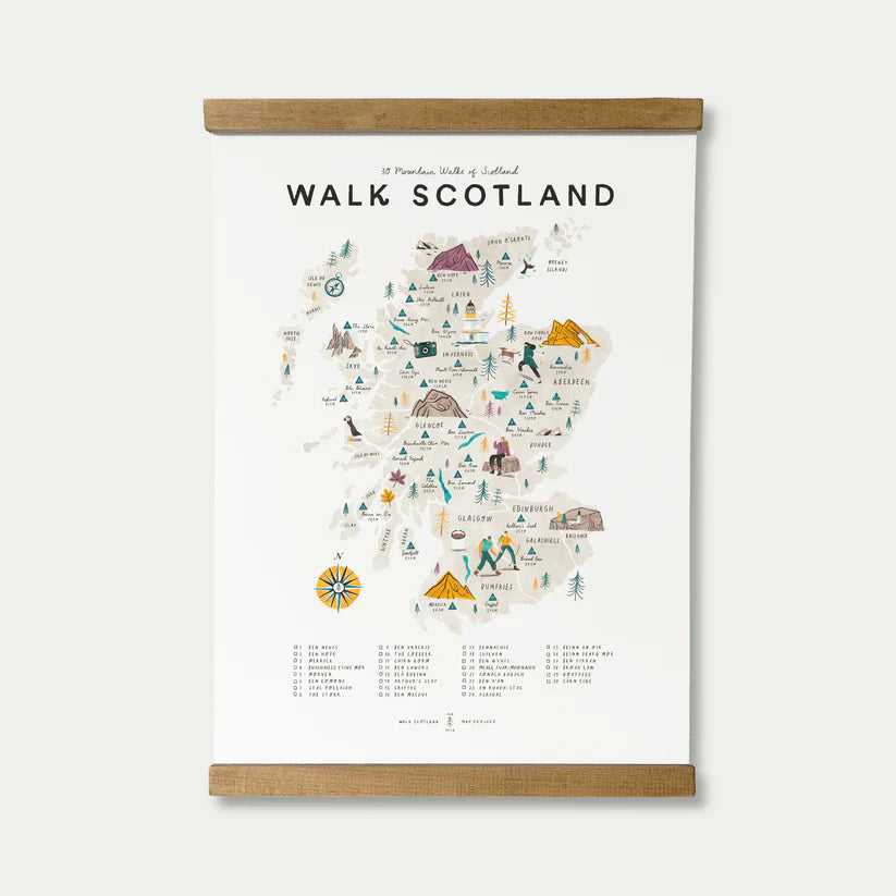Illustrated map of Scotland highlighting 30 mountain walks, presented in a wooden-framed print.