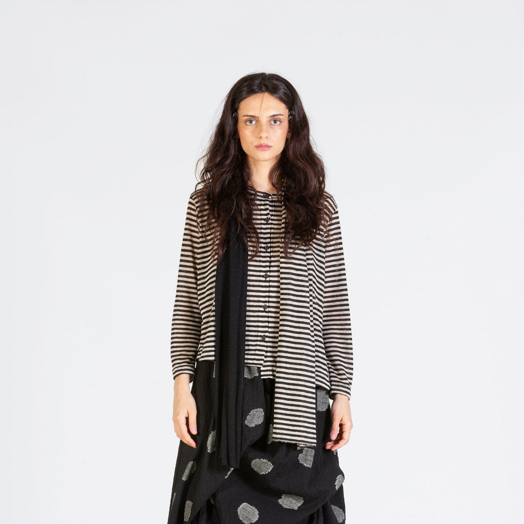 Black and Oatmeal striped cardigan with slight asymmetric hem, button front and full length sleeves. 