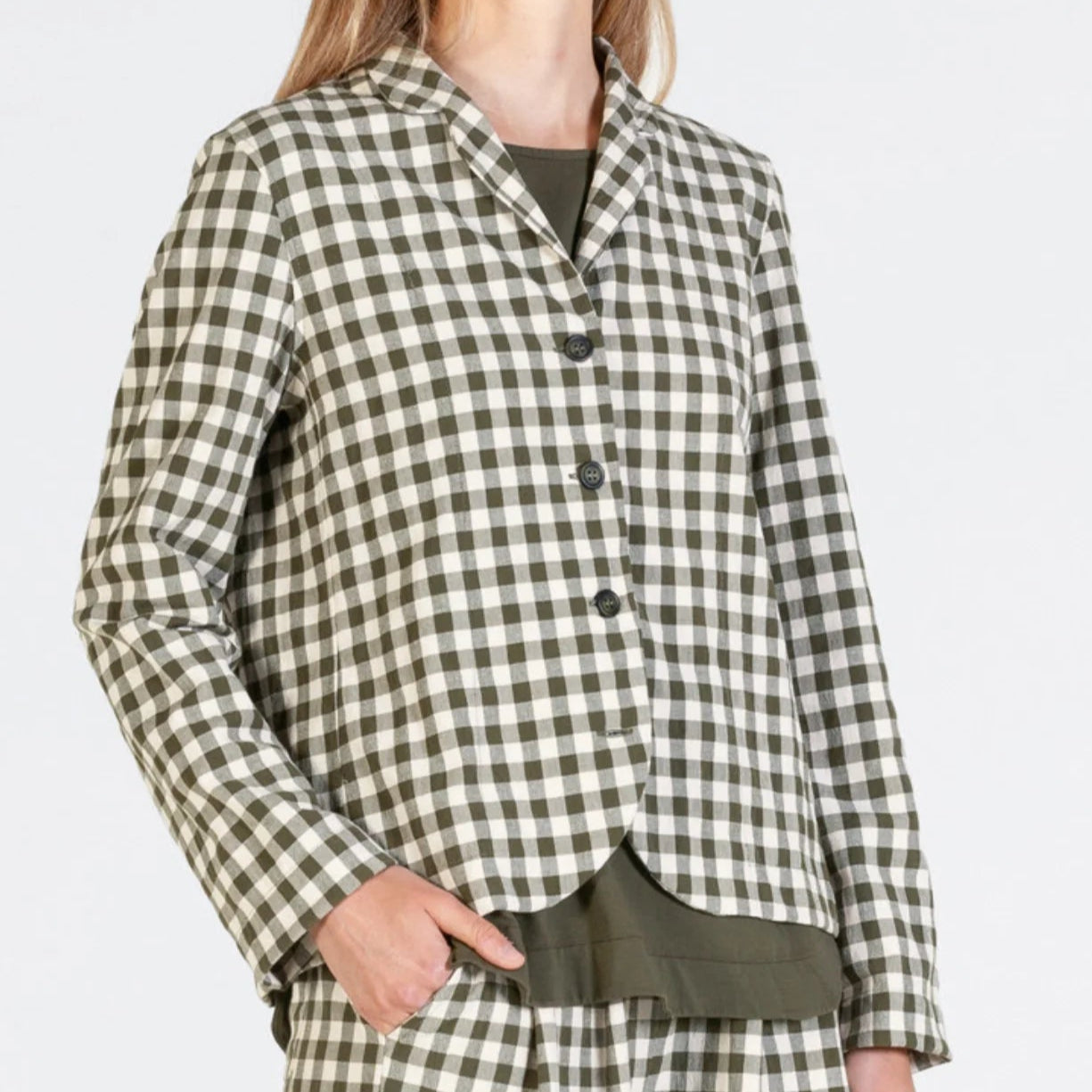 Olive green and cream gingham button-up jacket with long sleeves and a relaxed fit.