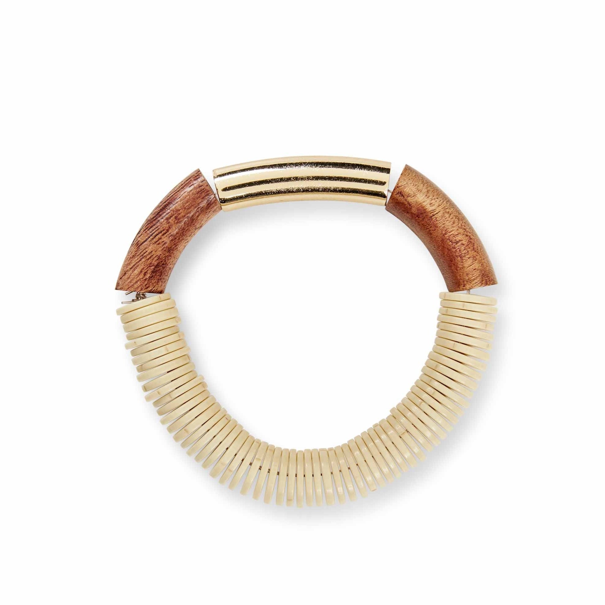 Wooden and gold tone statement necklace with a coiled off-white section.