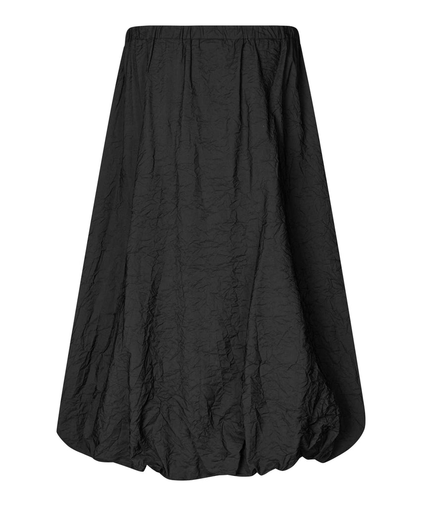 Black crinkled midi skirt with an elastic waistband and a balloon hem.