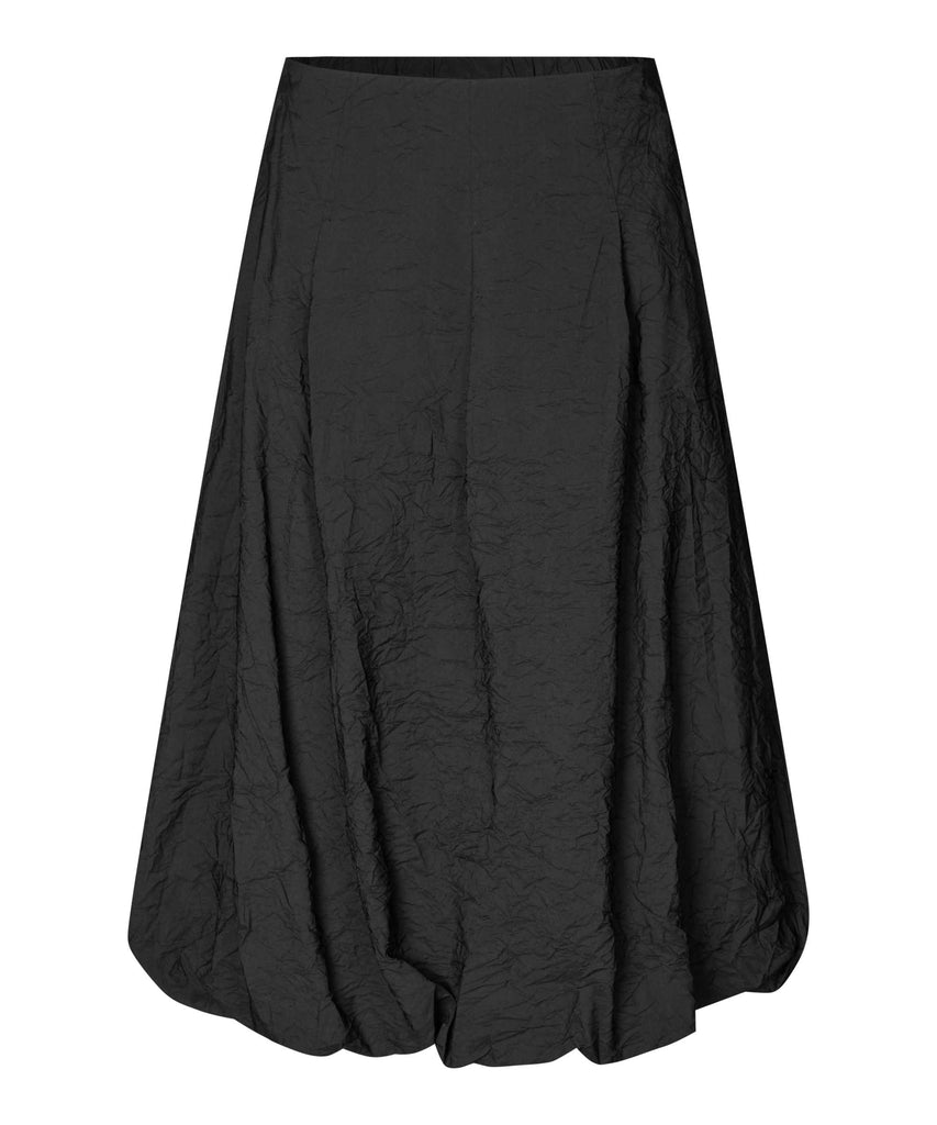 Black A-line midi skirt with a textured, crinkled fabric.  The skirt has a slightly bubbled hemline.