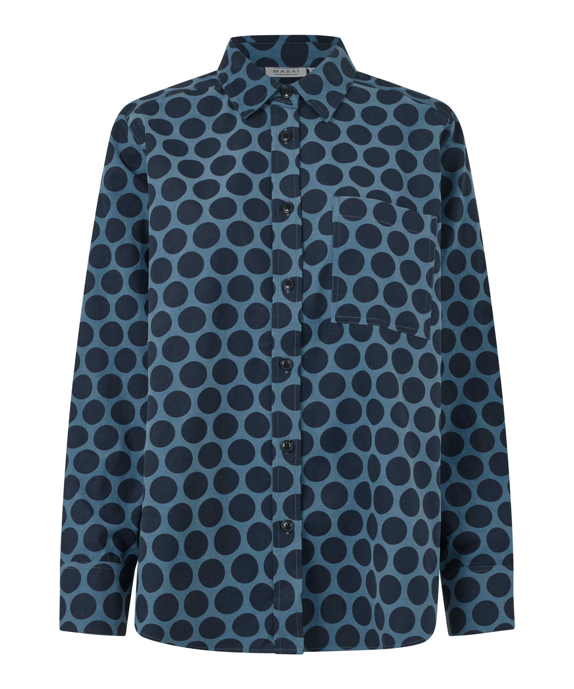 Blue shirt with black polka dot pattern on a white background