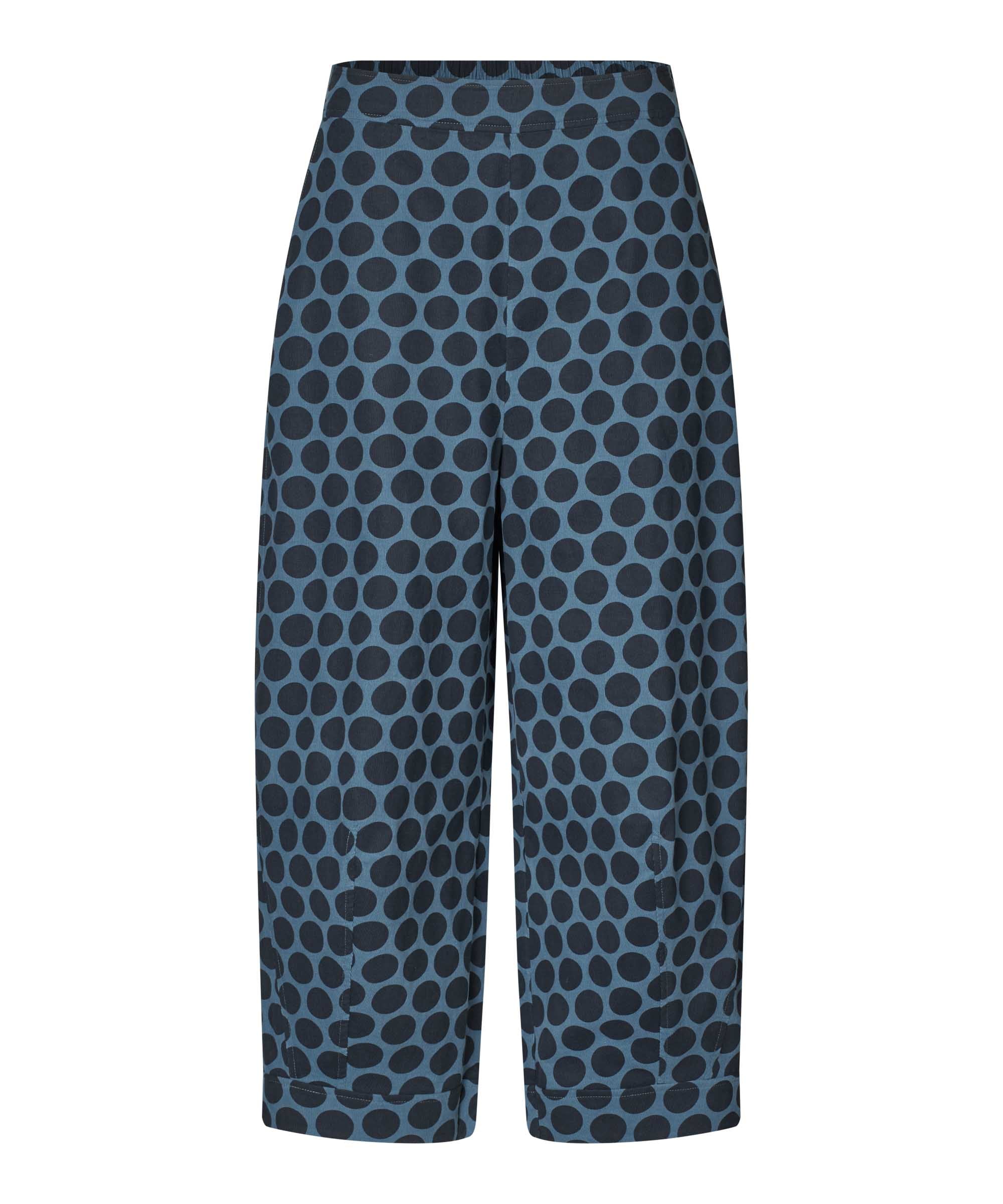 Blue patterned pants on a white background