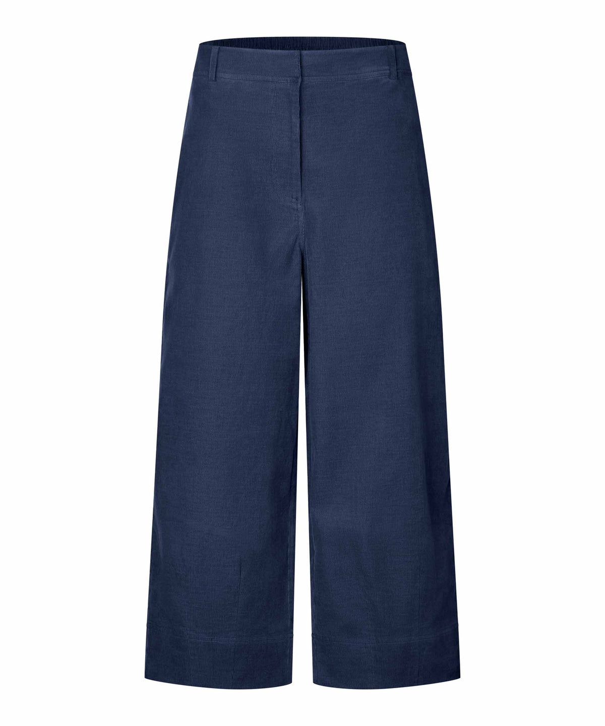A pair of navy blue wide-leg cropped pants shown flat against a solid white background.