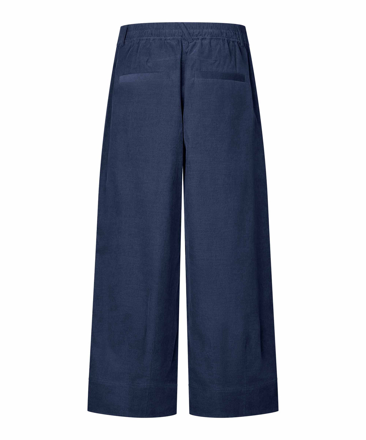 A pair of navy blue wide-leg cropped pants with an elastic waistband and front patch pockets, shown from the back on a plain white background.