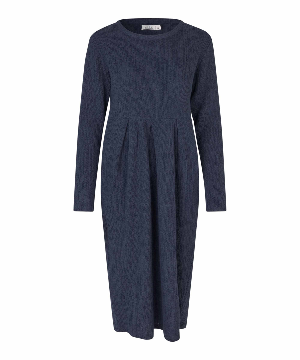 A dark navy blue long-sleeve knit dress with a round neckline and a flared, pleated skirt, shown against a plain white background.