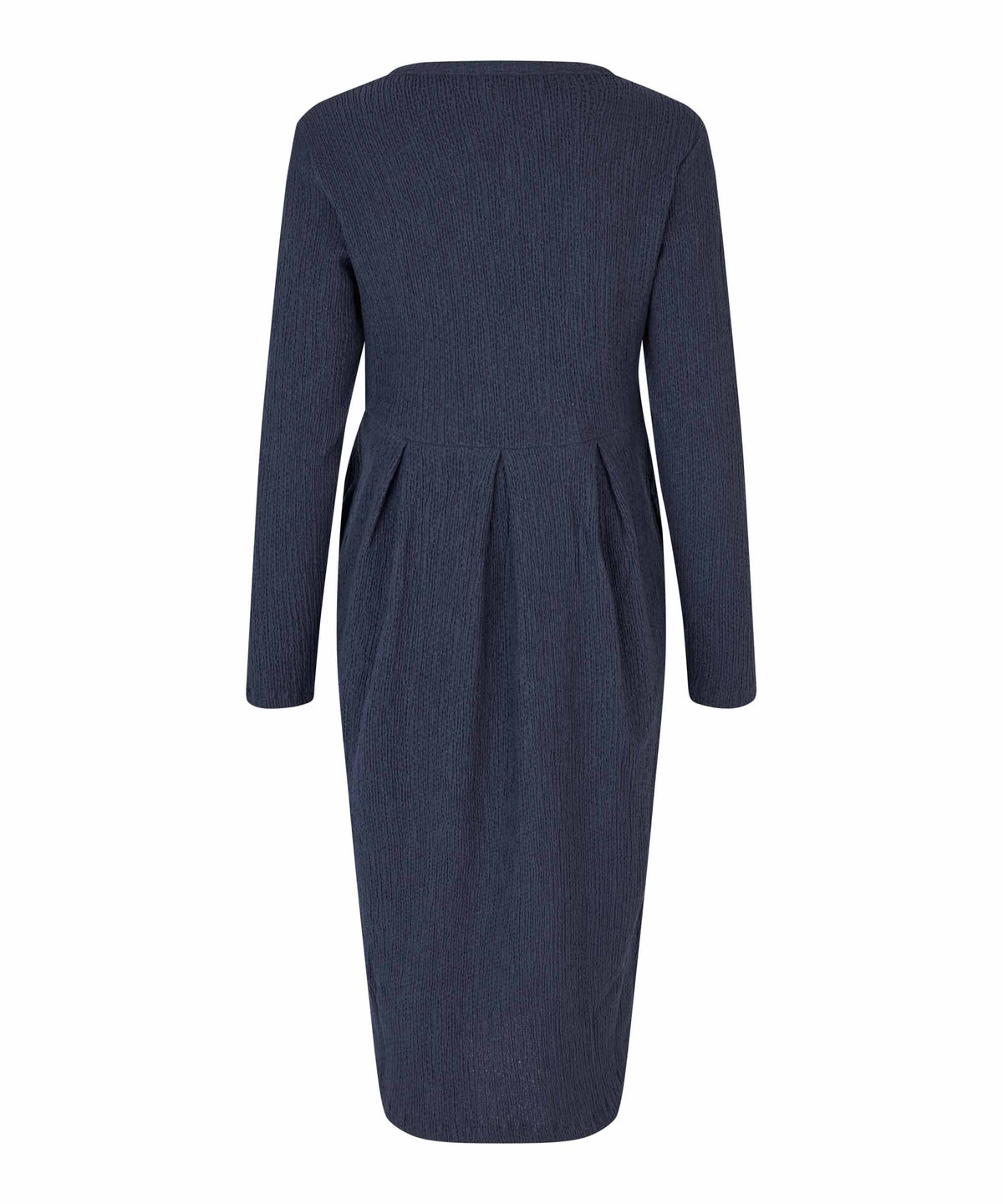 A dark navy blue long-sleeve dress with a textured fabric, shown from the back against a plain white background.