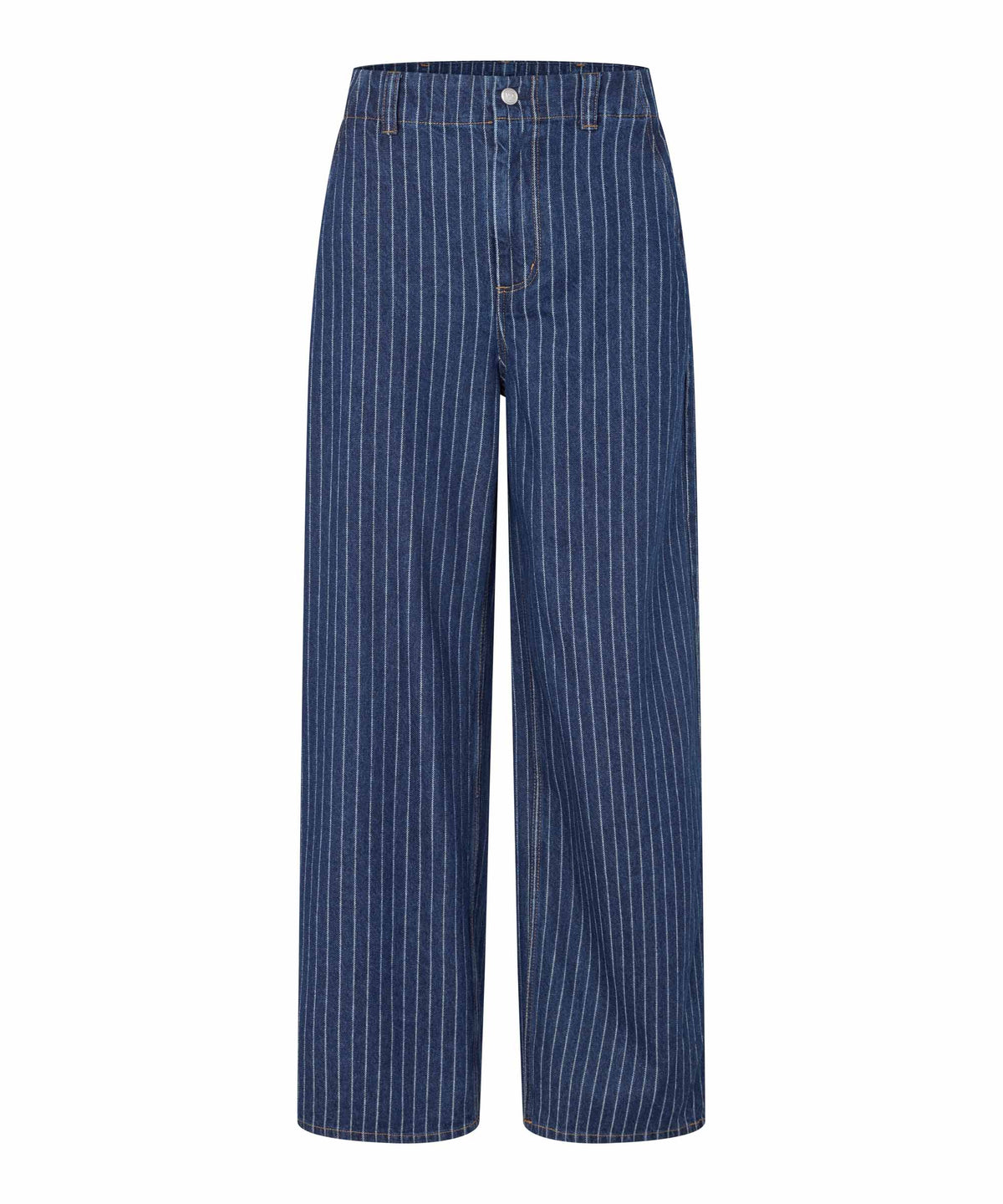 Blue wide-leg cropped pants with thin white vertical pinstripes, shown flat against a plain white background.