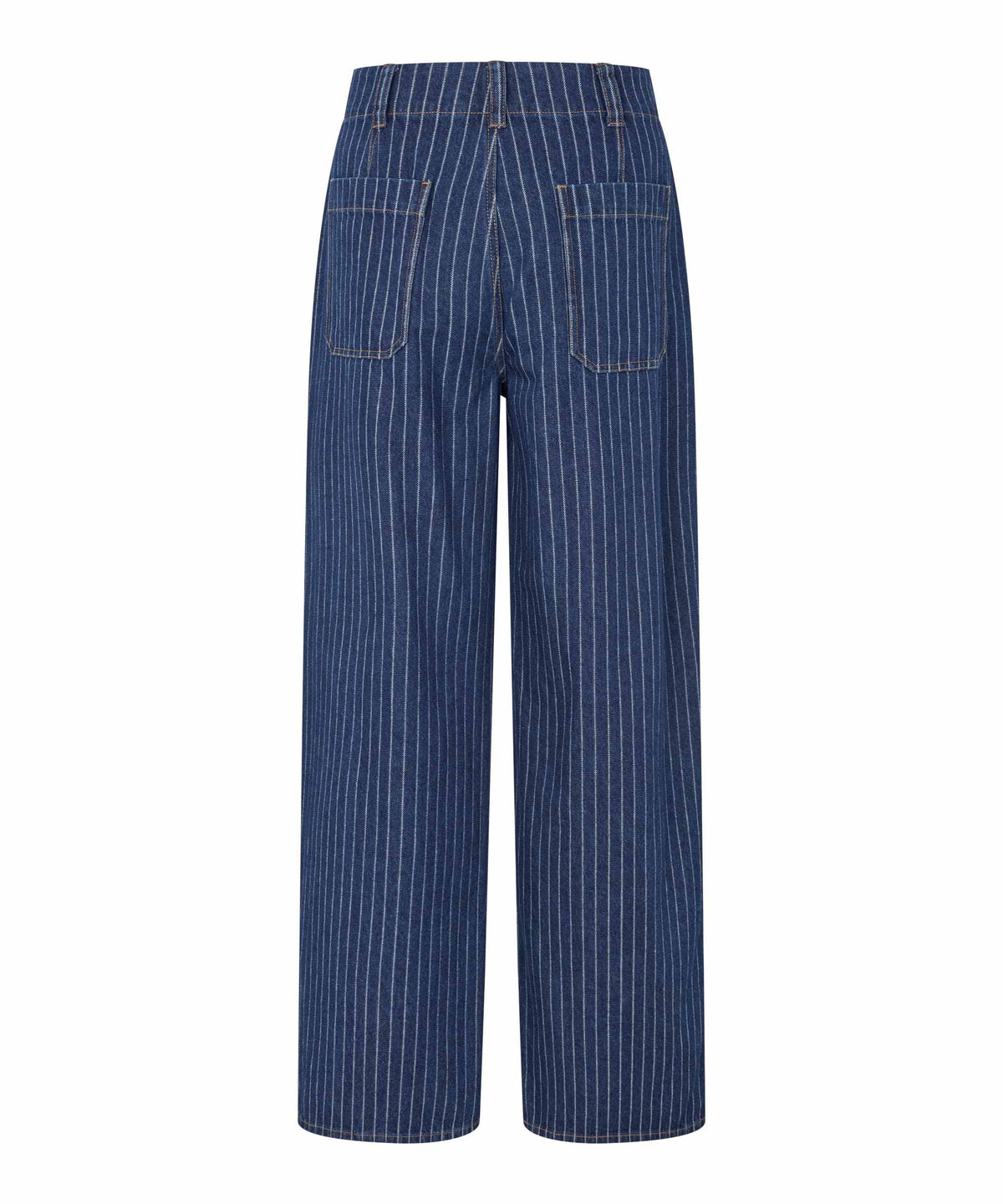 A pair of wide-leg cropped pants in blue denim with thin white vertical pinstripes, shown from the back on a plain white background.