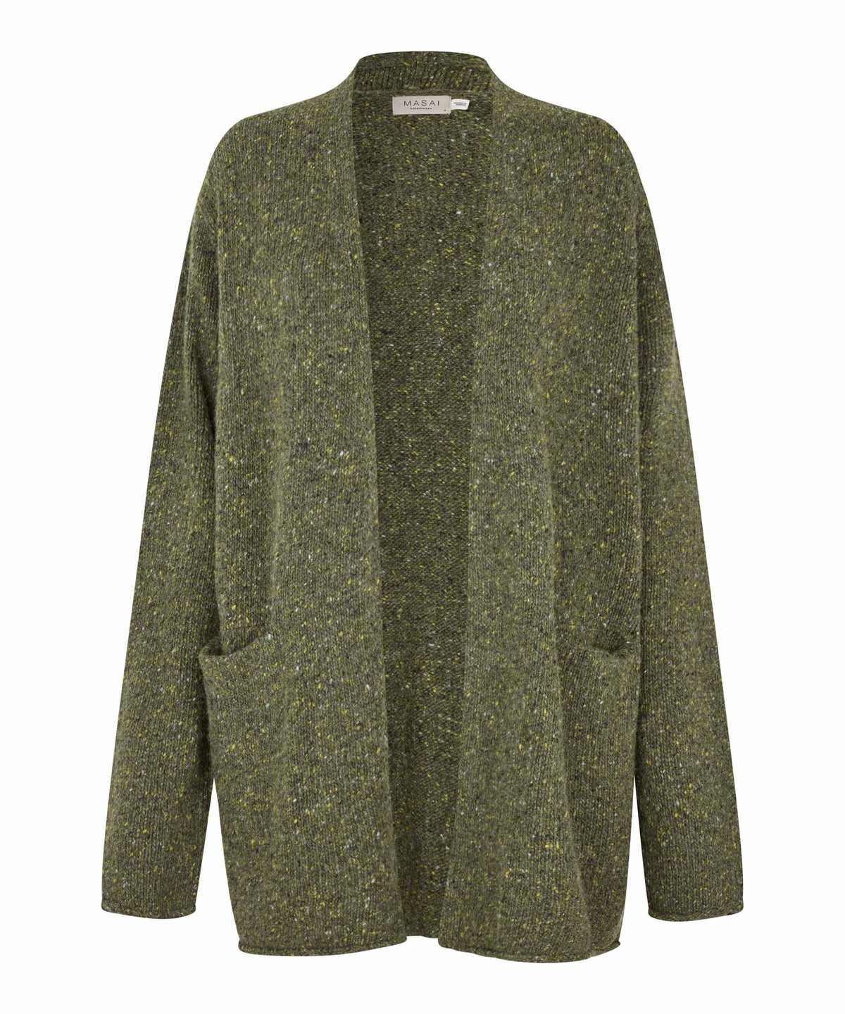 An olive green open-front cardigan sweater with a textured, heathered tweed-like pattern and two front patch pockets, shown against a plain white background.