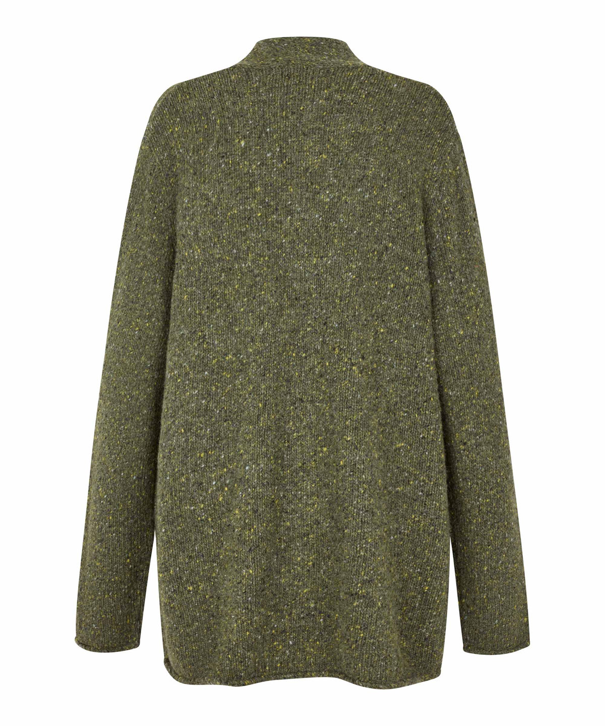 An olive green textured knit sweater with a mock neck and long sleeves, shown from the back on a plain white background.