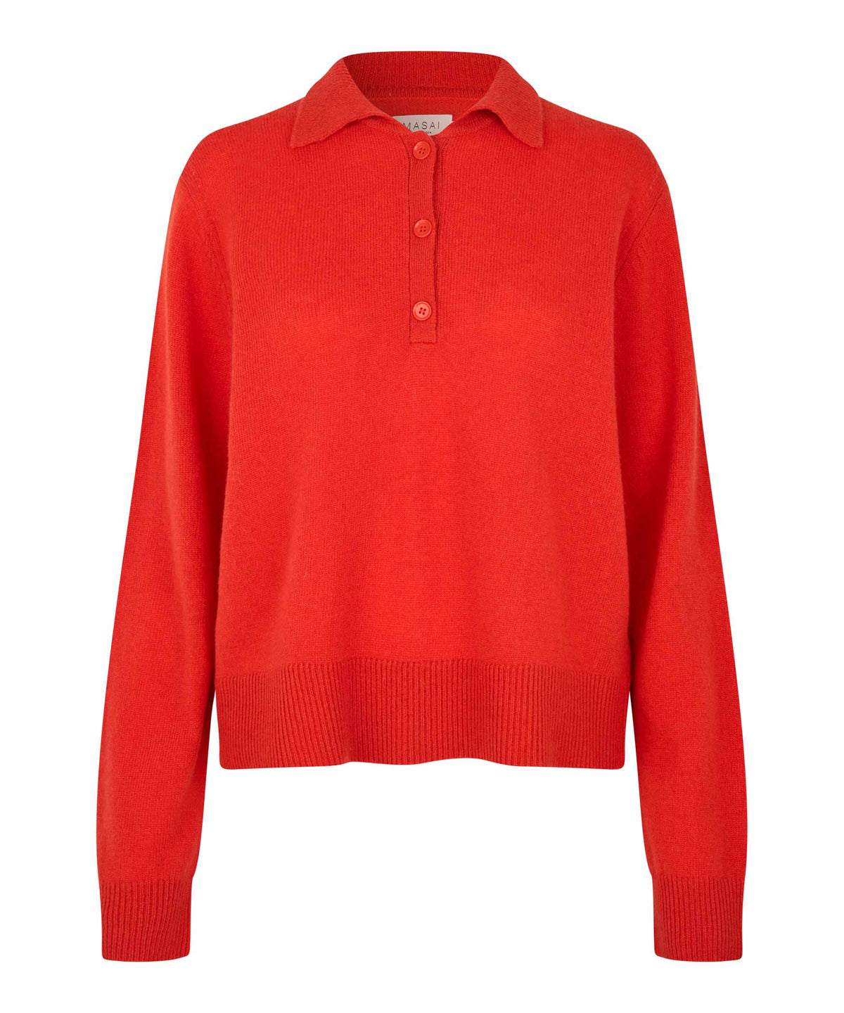 A bright red knit polo sweater with a three-button placket, ribbed collar, cuffs, and hem, shown against a plain white background.