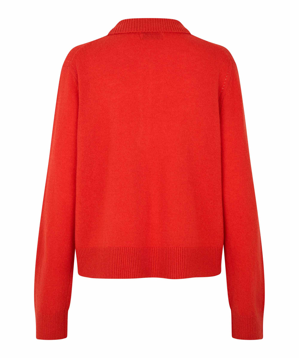 A bright red knit sweater shown from the back, featuring a ribbed crew neck, long sleeves, and a ribbed hem and cuffs, set against a plain white background.
