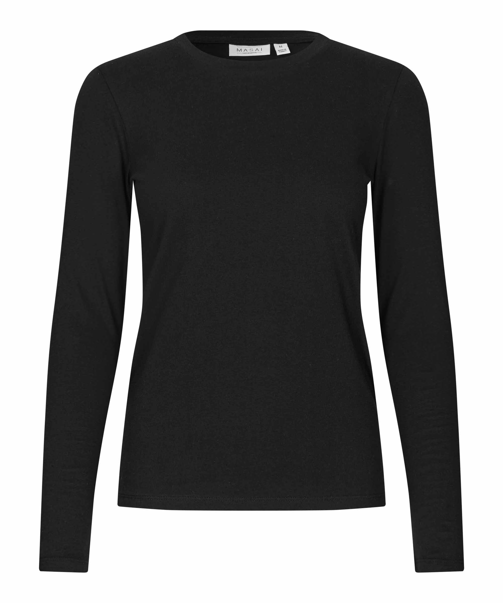 A black long-sleeve crewneck knit top, shown on a ghost mannequin against a plain white background.