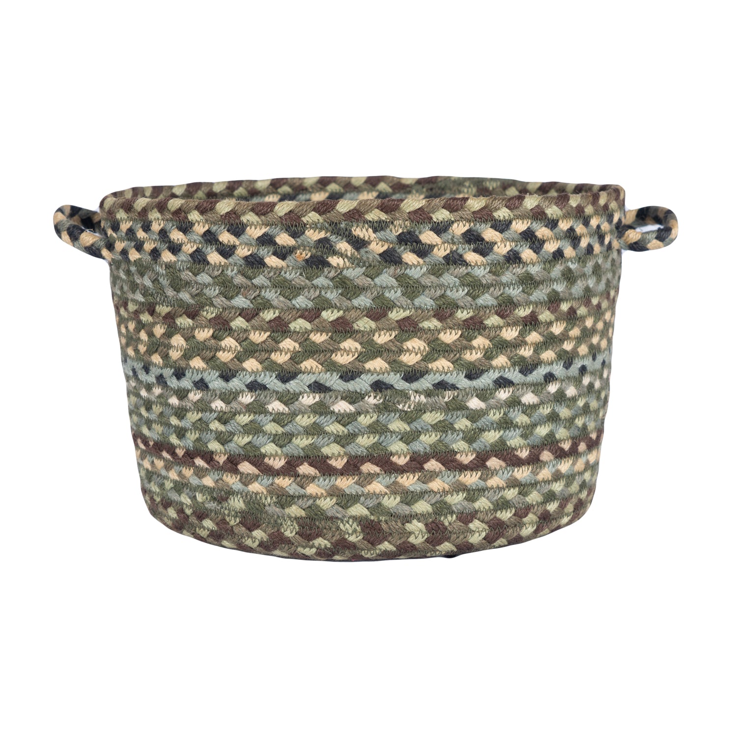 Round jute storage basket with two handles; multicolored woven pattern in greens, browns, and beige.