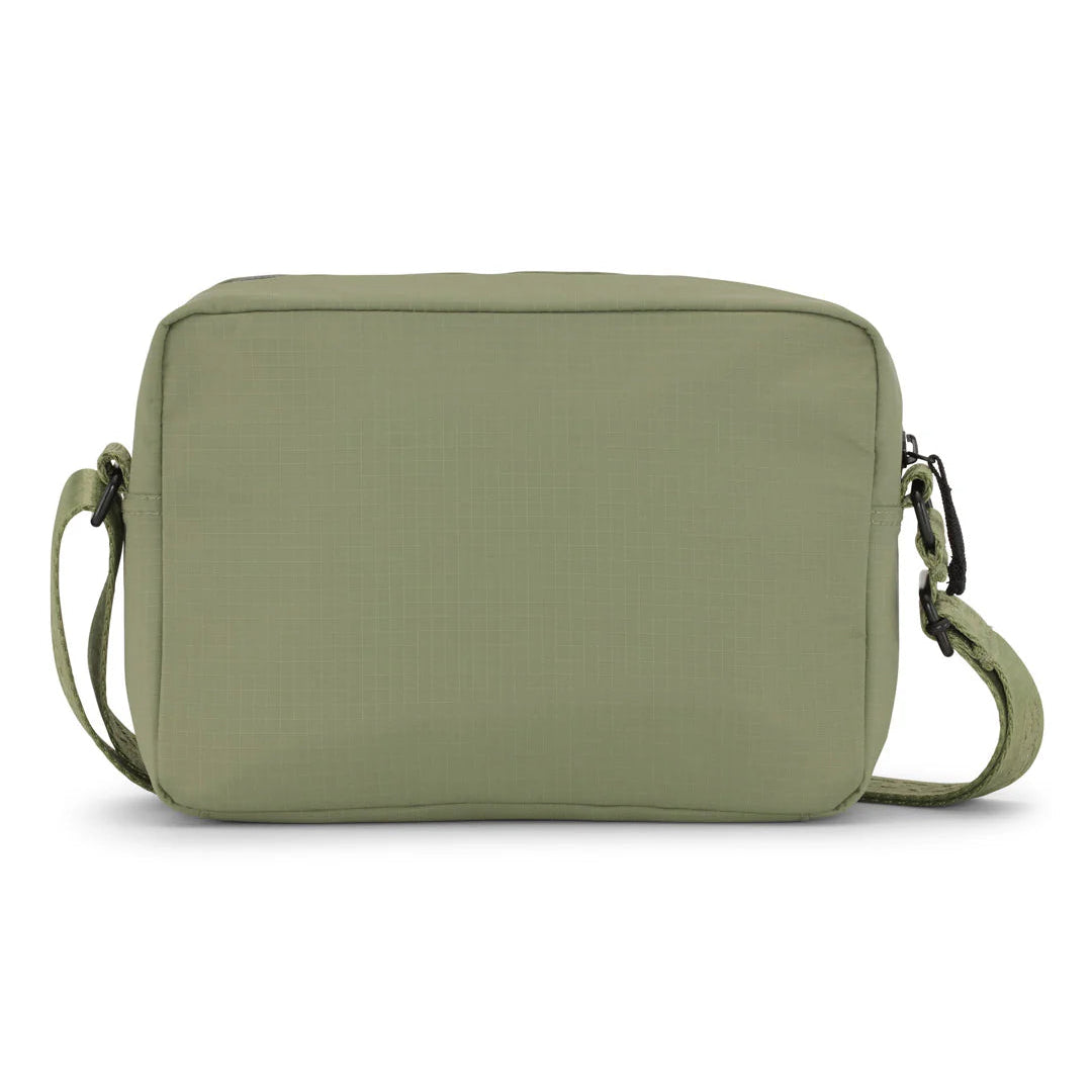 Sage green rectangular crossbody bag with adjustable strap and zipper closure.