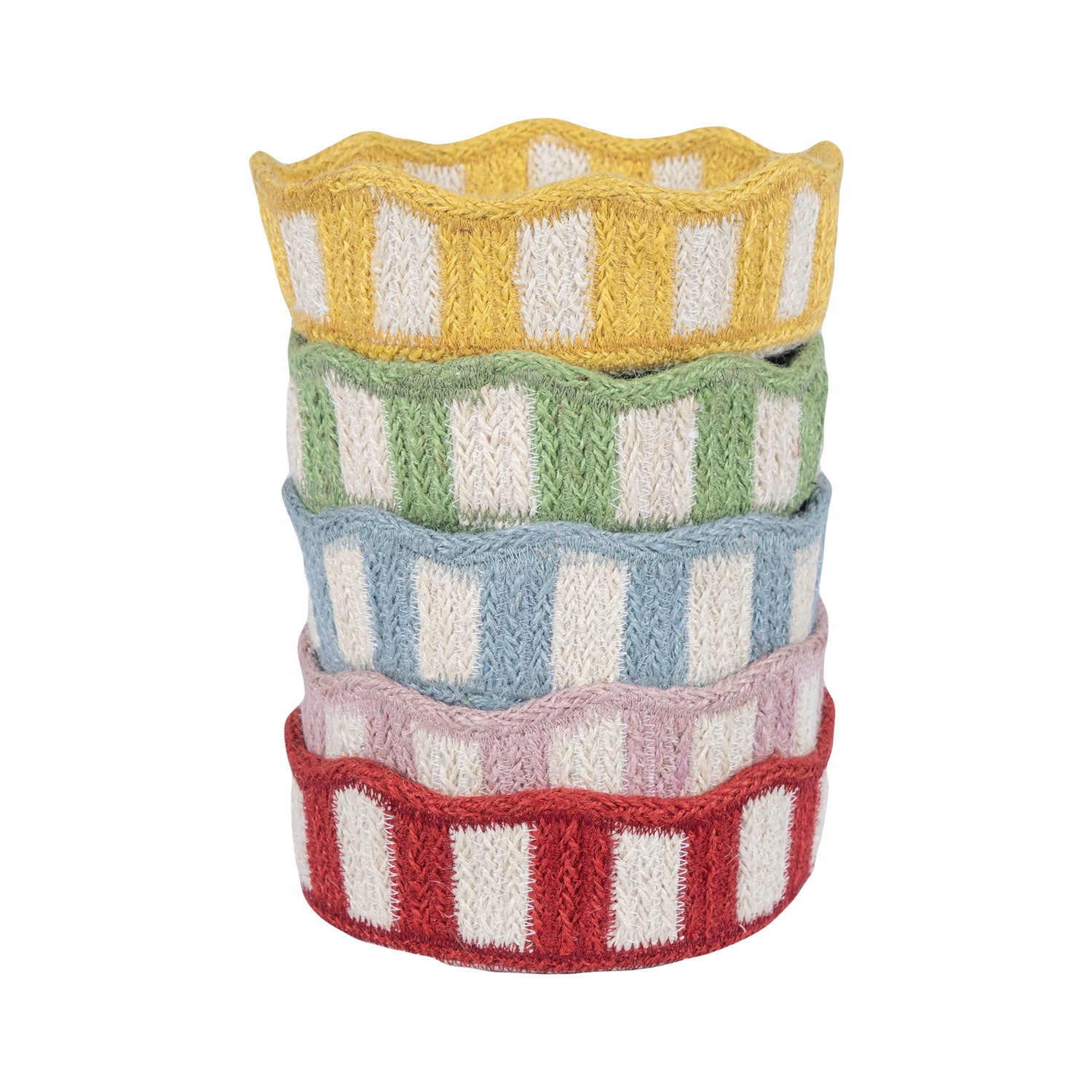Stack of five small, scalloped-edge baskets in yellow, green, blue, pink, and red.