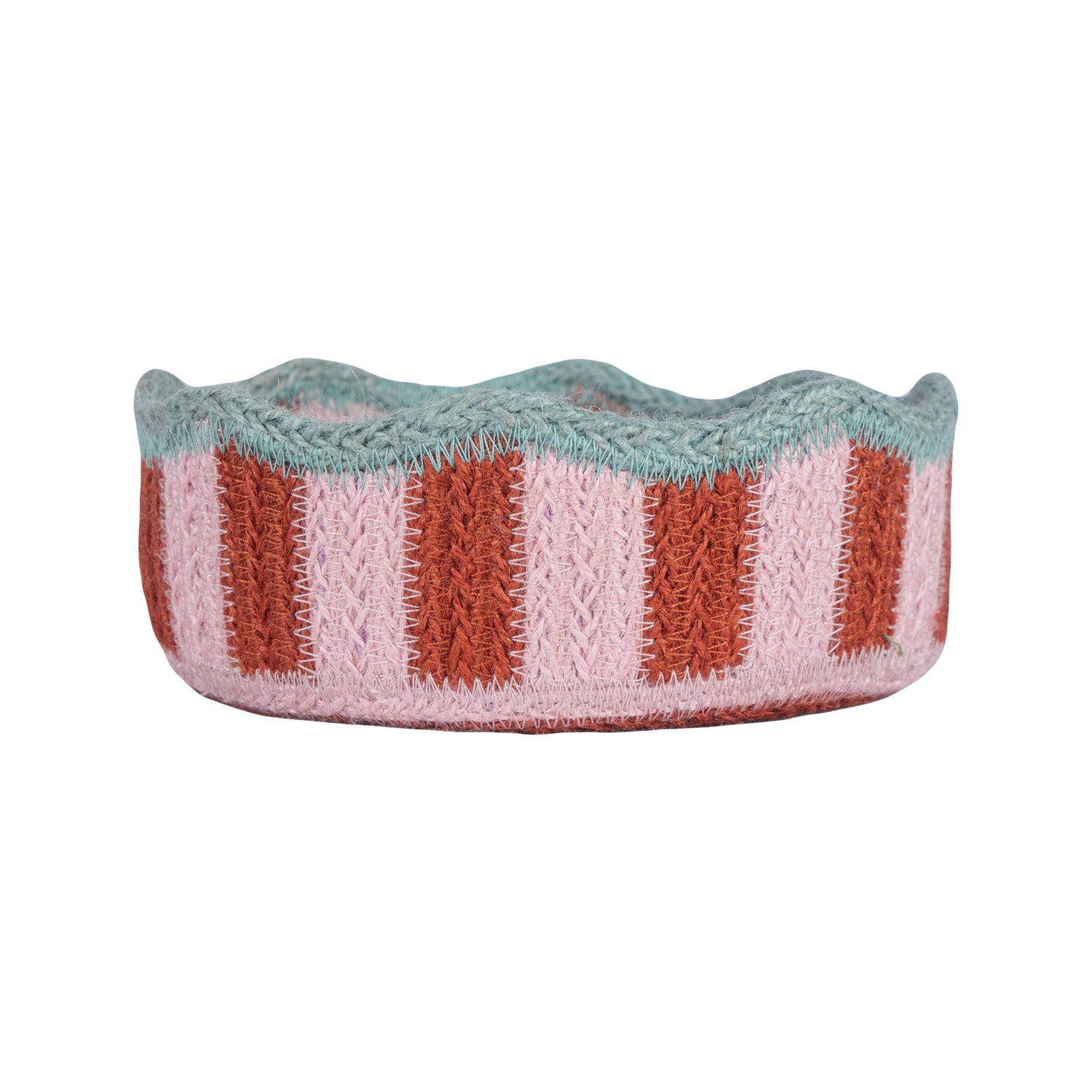 Woven basket with scalloped edge; pink and terracotta striped design; teal top trim.
