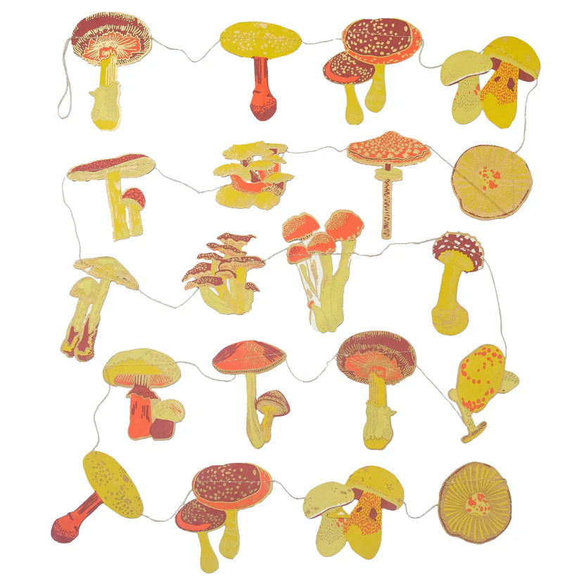 Mushroom garland with various types of illustrated fungi in yellow, orange, and red tones.