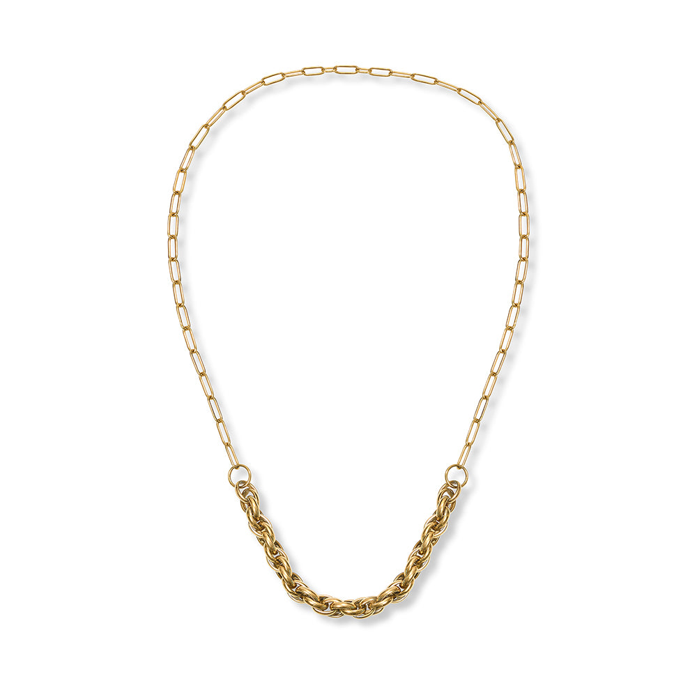 Gold necklace with a delicate paperclip chain and a thicker, braided section at the bottom.