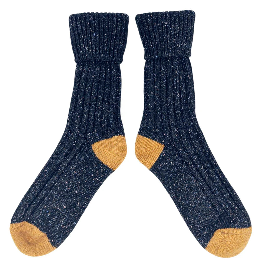 Lambswool & Silk Ankle Socks - Navy & Mustard