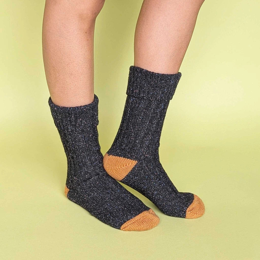 Lambswool & Silk Ankle Socks - Navy & Mustard