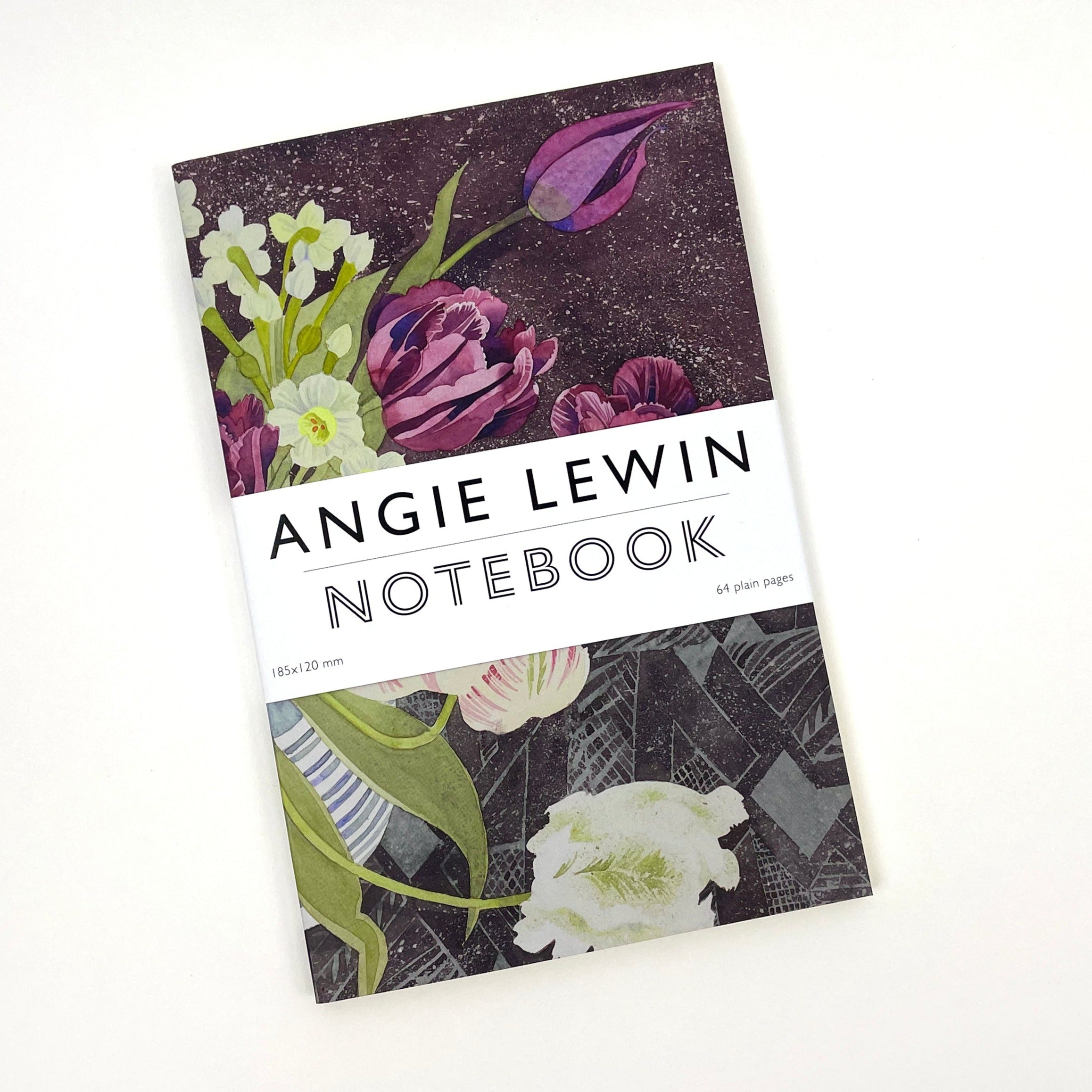 Angie Lewin notebook with watercolor tulip and primrose floral design on a dark background. 64 plain pages, 185x120 mm.