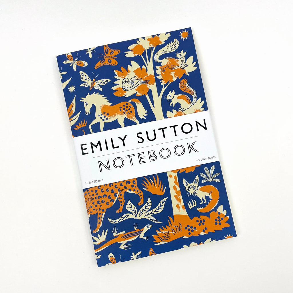 Emily Sutton notebook; 64 plain pages. Blue cover features orange and cream stylized animal and plant illustrations.