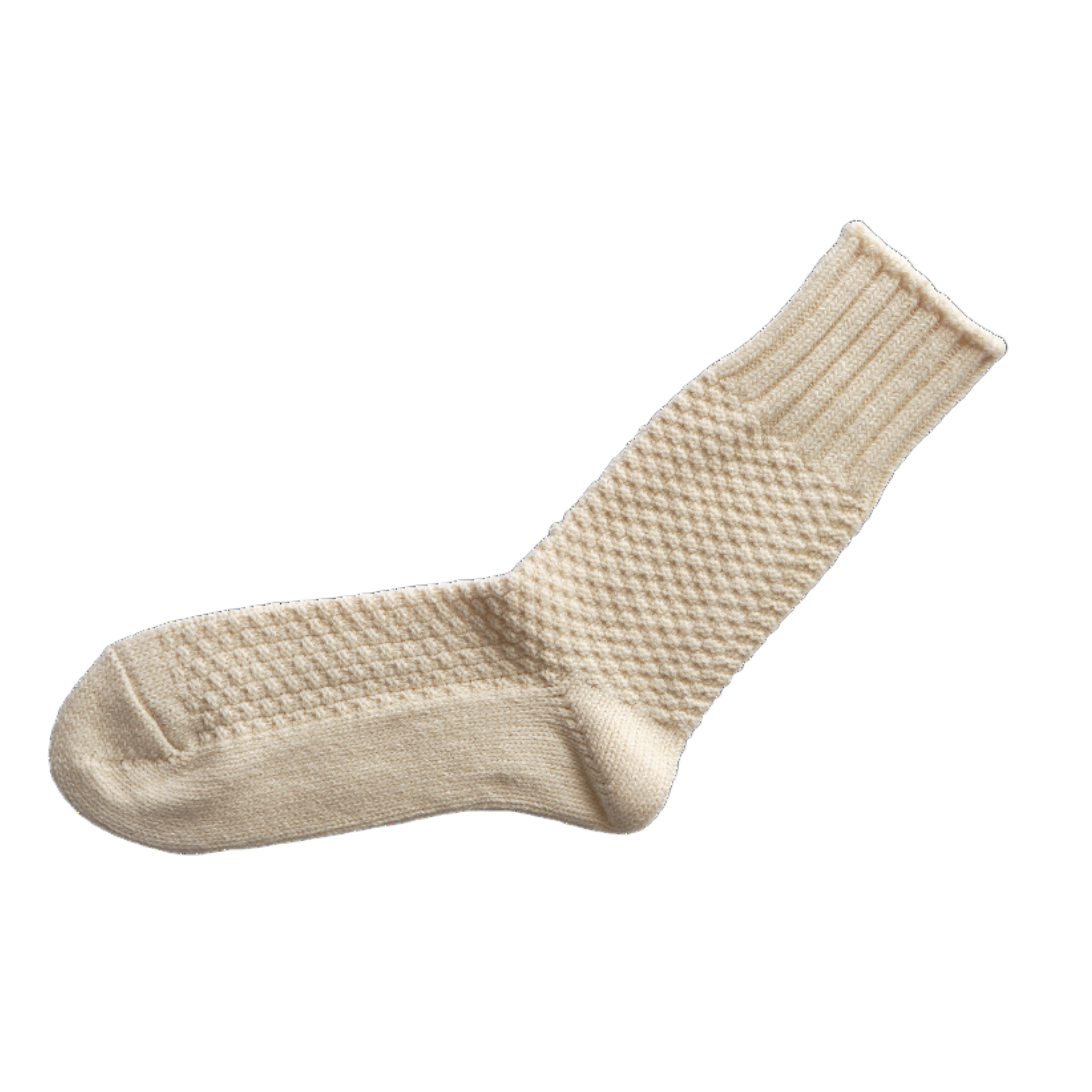 Off-white knitted wool sock with a textured diamond pattern.
