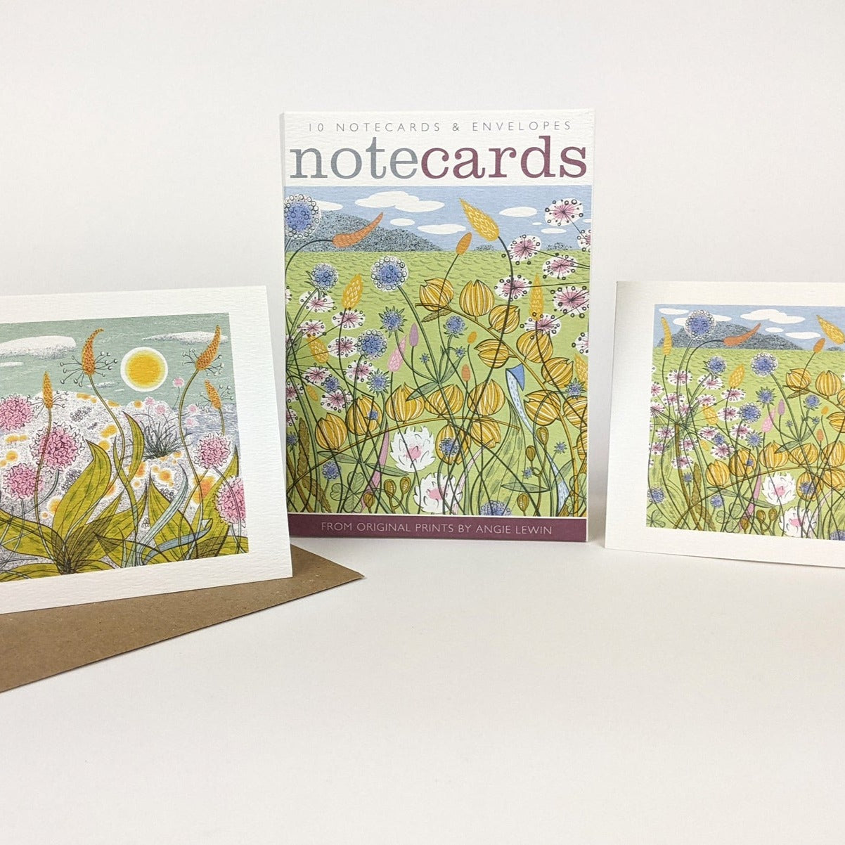 Set of ten notecards and envelopes featuring illustrated wildflowers in a meadow landscape.