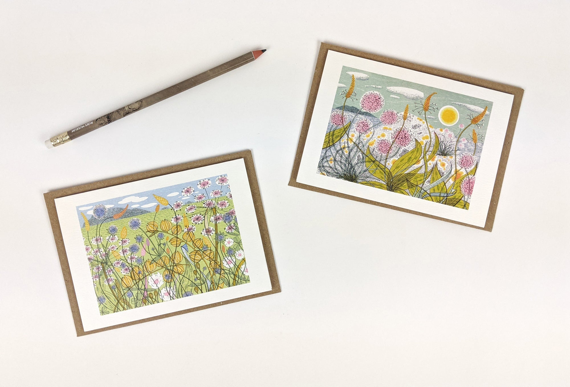 Two illustrated greeting cards featuring stylized wildflowers and landscapes.  Cards have kraft paper borders.