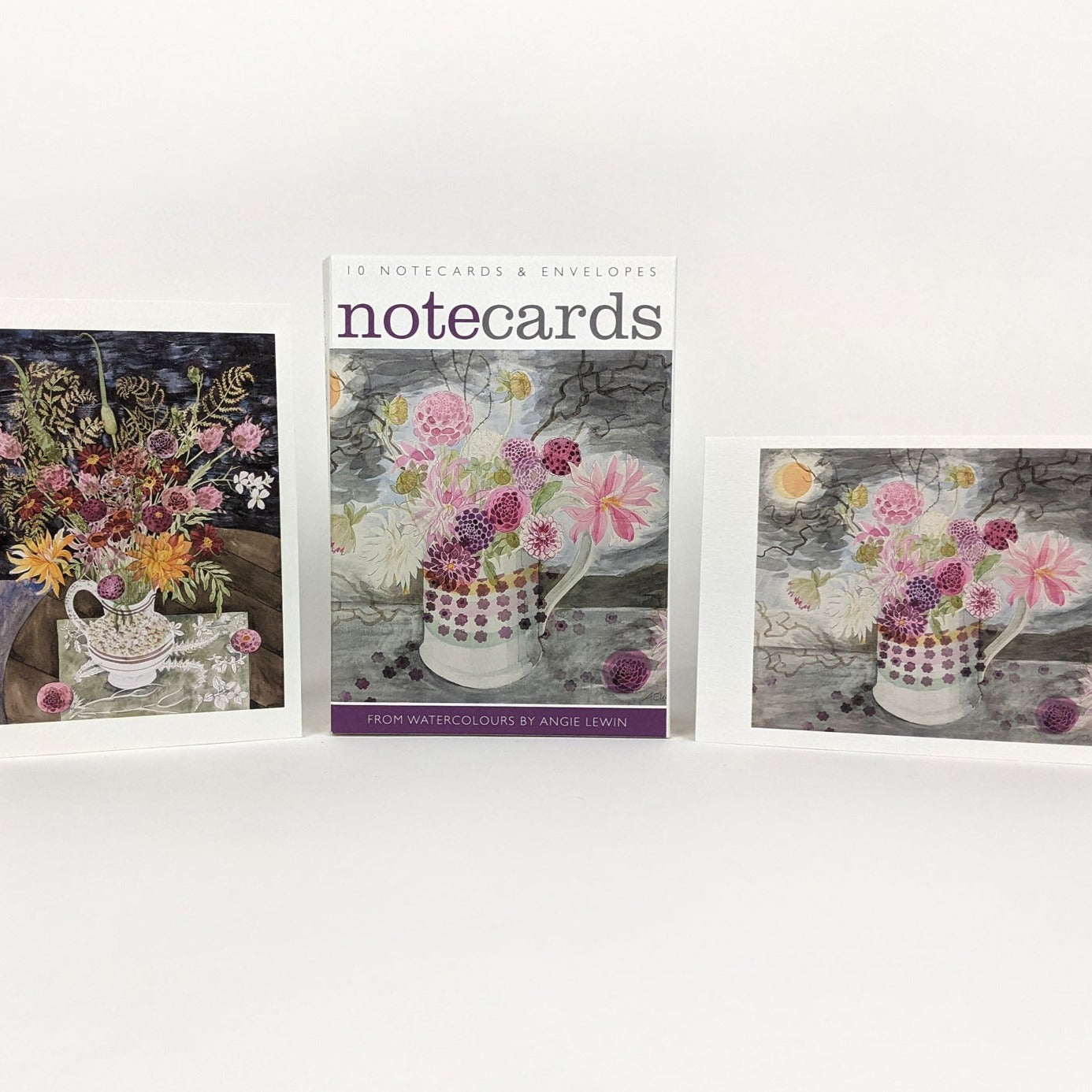 Set of 10 floral notecards and envelopes.  Watercolor illustrations feature pink and purple dahlias in a patterned jug.