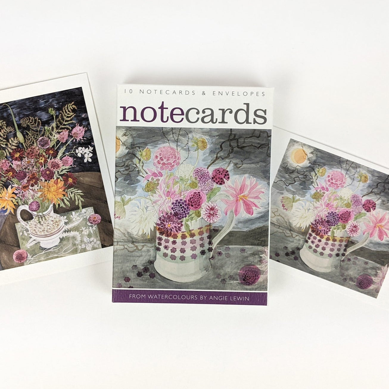 Box of 10 notecards and envelopes featuring watercolor floral illustrations of dahlias in a patterned jug.