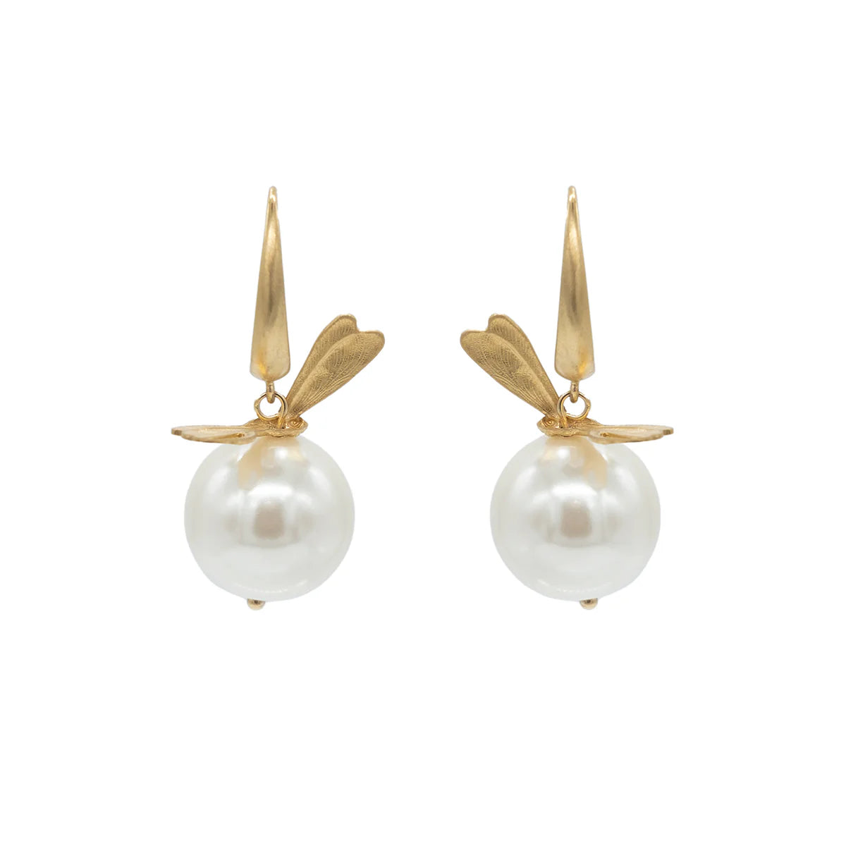 Dragonfly Large Pearl Hook Earrings - Bronze