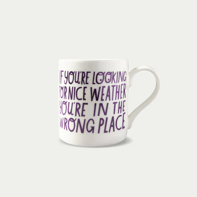 White mug with purple text reading, "If you're looking for nice weather you're in the wrong place."