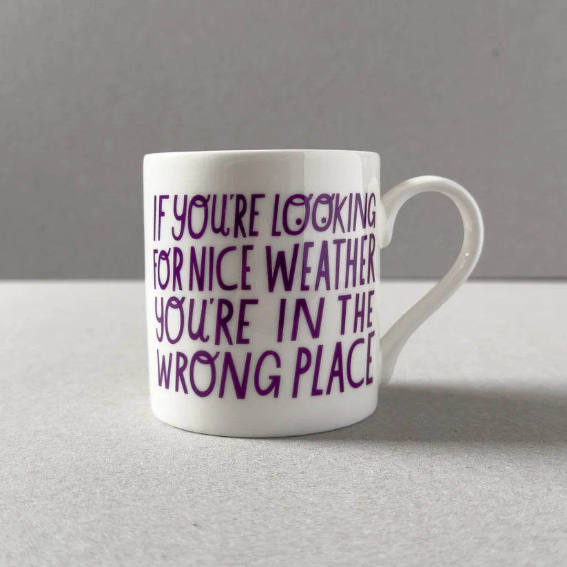 White mug with purple text: "If you're looking for nice weather you're in the wrong place."