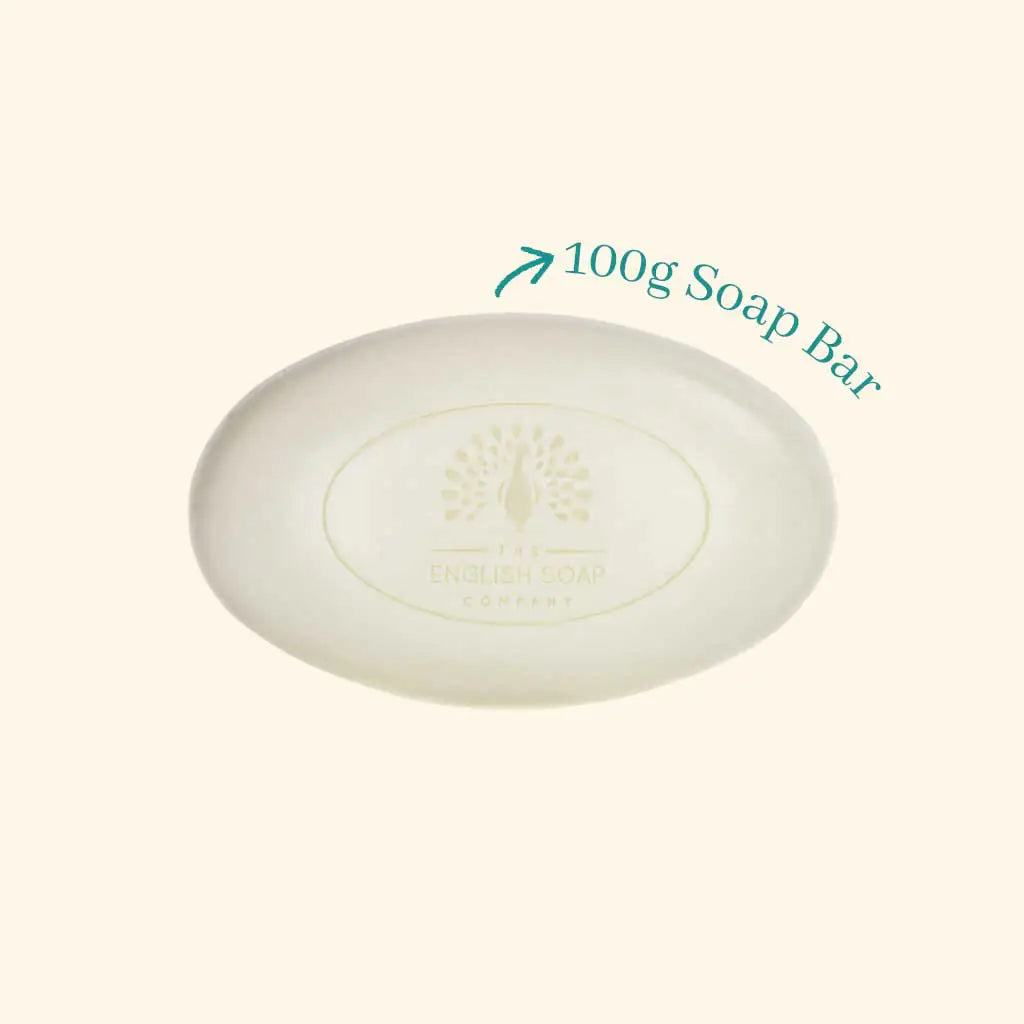 100g oval-shaped soap bar from The English Soap Company, featuring a peacock logo.