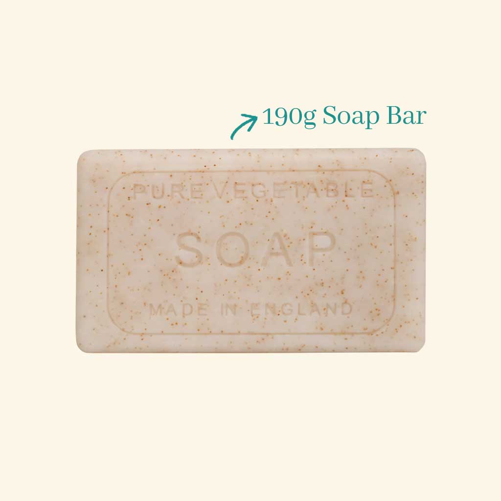 190g rectangular soap bar, off-white with speckled texture, imprinted with "Pure Vegetable Soap, Made in England."