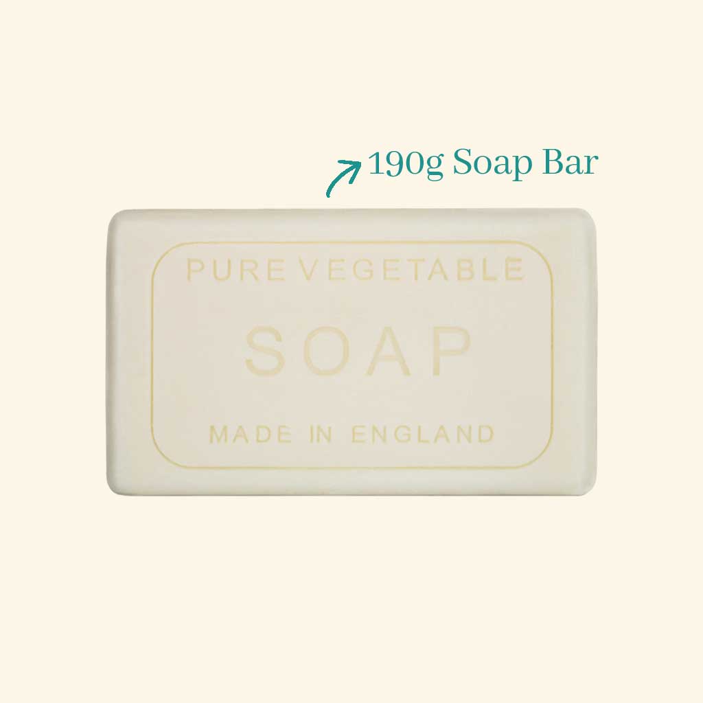 190g rectangular bar of pure vegetable soap, made in England.  The text is embossed in gold.