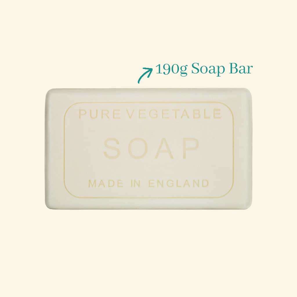 190g rectangular bar of pure vegetable soap, made in England.  The text is embossed in gold.
