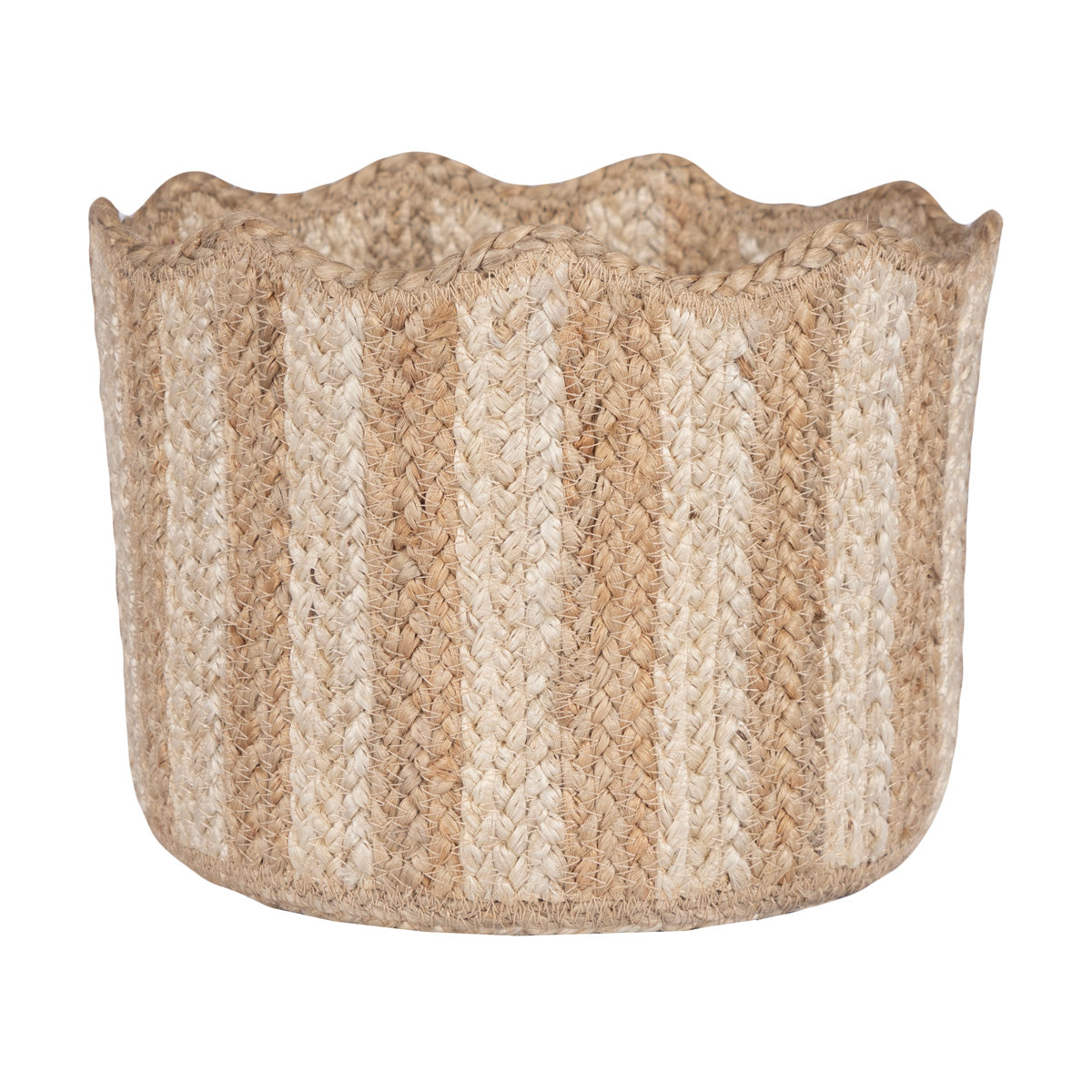 Scalloped-edge jute basket with vertical tan and off-white stripes.