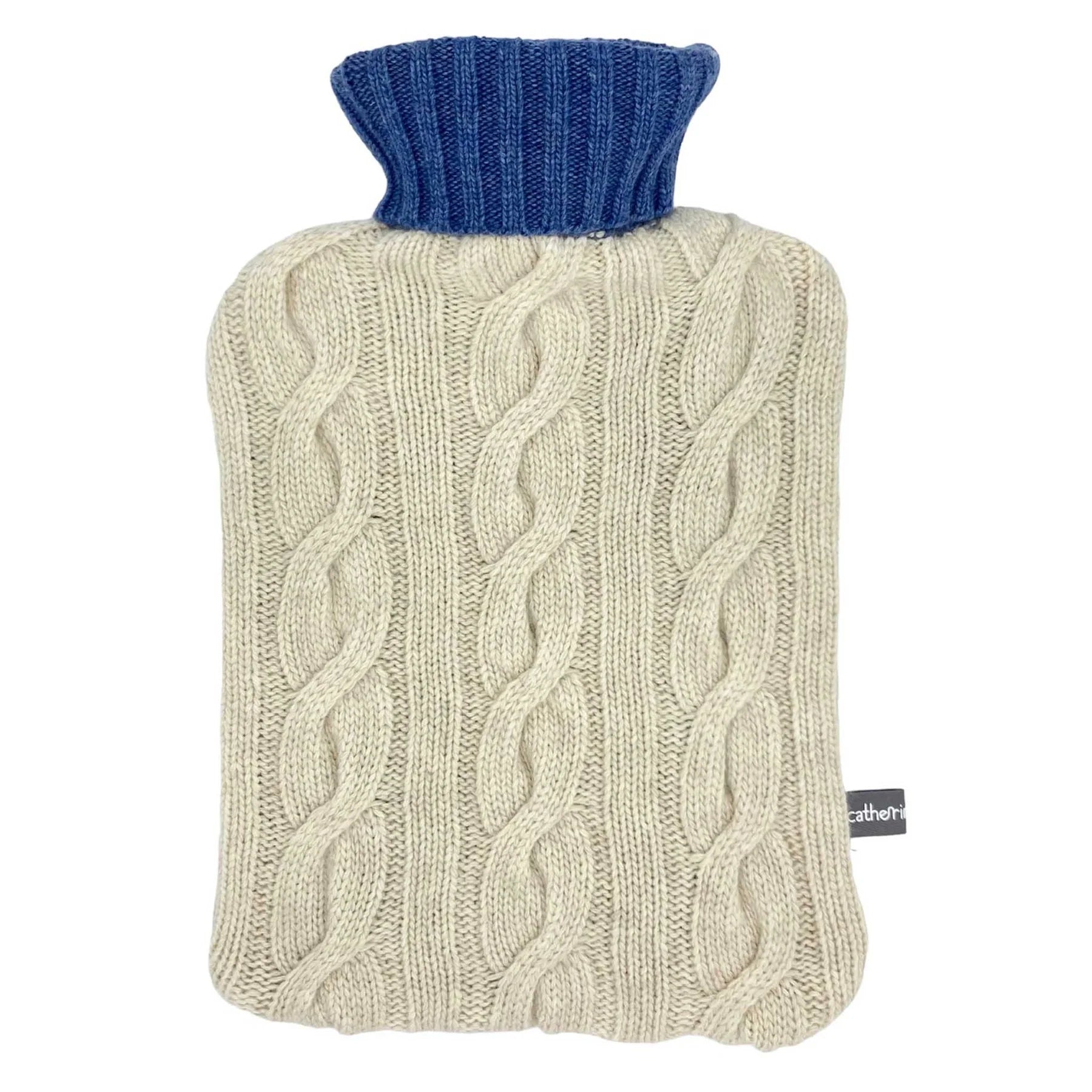 Cream-colored cable-knit hot water bottle with a blue ribbed collar.