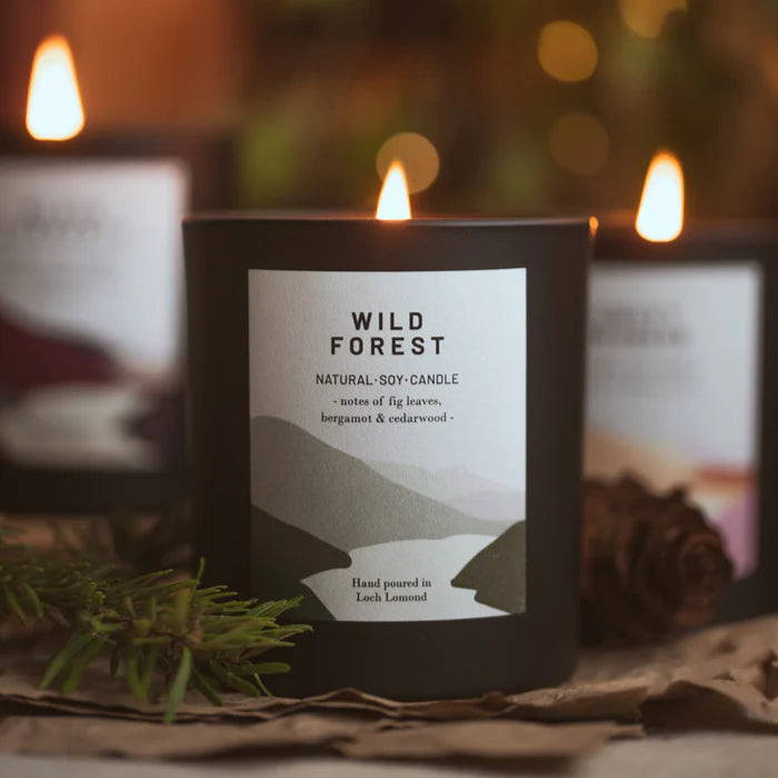 Black Wild Forest natural soy candle with fig leaf, bergamot, and cedarwood scent; hand-poured in Loch Lomond.